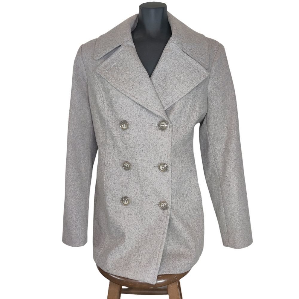London Fog Wool Pea Coat Double Breast Notch Collar Sz L in Oatmeal Tan